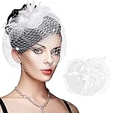 Signore Veletta Sposa, Fiore Piuma Mesh Velo Partito Fascinator Cerimonia Donna, Cappelli Cerimonia Cappello Fascinator, Cappello da Cocktail da Sposa per Le Donne Signore (Bianco)