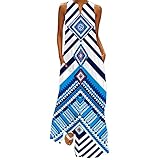 Xmiral Maxi Vestito Estivo da Donna Estivo Casual Senza Maniche Stampa Scollo a V Maxi Vestito Ampio Boho Beach Lungo Prendisole con Tasche (5XL,3- Azzurro)