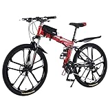 Mountain bike pieghevole da 26 pollici, con doppio assorbimento degli urti, telaio in fibra di carbonio con borsa per bicicletta, freni a disco, bici a sospensione completa perfetta (rosso)