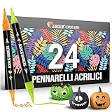 Pennarelli Acrilici a Doppia Punta (Fine e a Pennello) - 24 Colori Pennarelli Indelebili Acrilici per Diverse Superfici e Opere d Arte - Pennarelli Acrilici per Dipingere Sassi