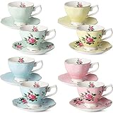 BTaT- Floral Tea Cups and Saucers, Set of 8 (8 oz) Multi-Color with Gold Trim and Gift Box, Coffee Cups, Floral Tea Cup Set, British Tea Cups, Porcelain Tea Set, Latte Cups