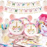 Yidaxing 131 Pezzi Decorazioni Compleanni Unicorno, Unicorno Party Kit Tovaglia Copertina Buon Compleanno Banner Borsa Unicorno Palloncini per Bambini Ragazze di Compleanno Natale(16 Ospit )