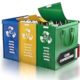 PTMS® Borse Raccolta Differenziata con Coperchio - 3 Bidoni Differenziata da Interno ed Esterno per Carta, Plastica e Vetro - Set Bidoni per Raccolta Differenziata in Colore di Riciclaggio