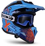 Soxon® SKC-33 Set Fusion Blue · Casco per bambini · Casco da moto MX Cross-Casco MTB BMX Cross-Bike Downhill Off-Road Enduro · ECE 22.05 chiusura rapida SlimShell Bag XS (51-52 cm)