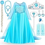 ITMNMNL Elsa Vestito Set,Costume Vestito Bambina Principessa,Elsa Costume Ragazze Principessa,Set da Principessa Corona Bacchetta Guanti Treccia,Cosplay Party Halloween Abito Ragazze di Natale - 110