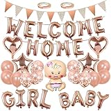Welcome Home Banner Baby Girl Palloncino Ghirlanda a forma di cuore, stella in pellicola, palloncini in oro rosa, con paillette, palloncini di benvenuto a casa, ragazze, palloncini a elio, set per