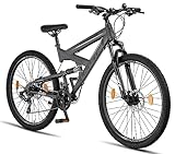 Licorne Bike Strong 2D Premium Mountain Bike da 26, 27,5 e 29 pollici, per ragazzi e ragazze, freno a disco anteriore e posteriore, cambio a 21 marce, sospensione completa (27,5 pollici, antracite)