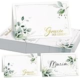 50pz Segnaposto Cartellini Tavolo Scritta Grazie per esserci per Matrimonio Compleanno Comunione Battesimo Cresima Laurea Bigliettini Carta Verde Foglie Oro Decorazione Festa Bomboniere