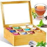 GUHAOOL Scatola da tè, Scatola Porta tè e Tisane 12 Scomparti 28 x 22.5 x 9 cm, in Legno, con Coperchio in Vetro Acrilico, Porta Tisane Bustine Porta Tisane Legno, Ideale per Bustine da tè, Naturale