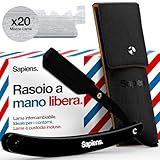 Sapiens Barbershop Rasoio a Mano Libera - Rasoio Barba Uomo Nero + 20 Mezze Lamette Barba + Custodia da trasporto - Lama Barba per Taglia Barba - Rasoio da Barbiere con Lama Intercambiabile