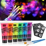 Lictin Vernice Fluorescente Colorato，Neon Kit per Pelle Viso Corpo,6 pezzi Vernice Fluorescente,4 Pennelli,5 Stencil per Fluo Party UV Body Painting, Carnevale, Cosplay, Halloween e Natale