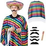 HICARER Set di 3 Accessori per Costume Messicano da Uomo Mantello Fiesta Serape Poncho Baffi Realistici Sigaro Finto Divertente Costume da Messico per Festa Carnevale Cosplay (Colore brillante)