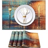 Tovagliette Lino Lavabile Impermeabili Tovagliette Americana Boho Autunno Inverno Set di 4 Resistenti Calore con Pittura a Olio Arancione Blu per Cucina Casa Ristorante Tavolo da Pranzo,45x32cm