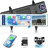 Specchietto Retrovisore Auto con Senza Fili Carplay e Android Auto - 11,26 Pollici IPS Dash Cam specchietto con Doppia Telecamera Anteriore e Posteriore Controllo Vocale Bluetooth FM AUX+64GB Card