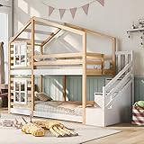 Rtopsu Letto per Bambini a Castello 90x200 cm, Letto per Ragazzi con Scaletta e Contenitore Cassetti, Letto a Soppalco con Sponde e Finestra, Letto con Rete a Doghe, Naturale e Bianco, Senza Materasso