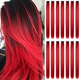 16 extension con clip per capelli, colori, ciocche colorate per capelli lisci e lunghi sintetici, resistenti al calore, per feste, accessori per capelli da ragazza (22 pollici, rosso)