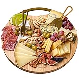 Tagliere e Set di Coltelli per Formaggio - in Legno, Accessori per Aperitivo, Salumi, in Bamboo, Vassoio da Portata Rotondo 33cm - Idee Regalo