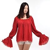 BLESSUME Donne Pirata Camicetta Medievale Via Spalla Contadino Chemise Wench Camicia (L, Rosso)