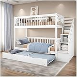 Sapgaks Letto a castello con letto a scomparsa e scala di stoccaggio, letto per bambini 90 x 200/190 cm, letto a castello per bambini con barriera anti-caduta, pino+MDF, bianco