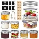 VORHOT 120ml Mason Jars, Set di 8 Vasetti Vetro Piccoli con Coperchio a Vite Diviso, Etichette e Corda, Ermetici Mini Brattoli Vetro per Conserve per Overnight Oats, Marmellate, Yogurt, Miele