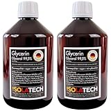 ISOLATECH Glicerina 99,5% 1L qualità farmaceutica Made in Germany, misurata al 99,98% puro vegetale, glicerolo liquido trasparente, 2 flaconi da 500 ml (contenuto 2 x 600 g)