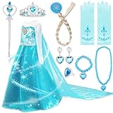 Amzeeniu Vestito Elsa Frozen Bambina,11pcs Elsa Costume Bambina Corona/Bacchetta/Guanti/Treccia/Orecchini/Anello vestiti carnevale bambina Set da Principessa Elsa Cosplay Party Halloween Carnevale 110