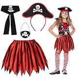 Fennoral 4pz Costume da Pirata Bambina Kit Costume da Principessa Pirata Vestito Pirata Travestimento Pirata Accessori-Fascia Gonna Cintura Patch Pirata-per Festa Halloween Carnevale Cosplay Regalo