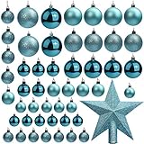 Belle Vous (50pz) - Palline Albero di Natale Azzurre Brillanti Dimensioni Assortite con Puntale Blu a Stella- Addobbi Natalizi per Decorazioni