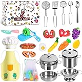 Giocattoli da Cucina per Bambini, 27 Pezzi Cucina per Bambini Set da Cucina E Cottura con Pentole e Padelle in Acciaio Inox, Frutta, Grembiule e Cappello da Cuoco per Ragazzi e Ragazze