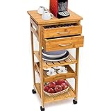 BAKAJI Carrello Cucina in Legno di bambù con Ripiano Top Solido Tagliere utile per appoggio Macchina da caffè, Tavolino Cucina da Servizio in Bamboo 4 Ruote girevoli,Vassoio Estraibile, 3 Ripiani