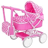 Dolly Tots Junior Pram | Carrozzina per Bambole con Borsa Fasciatoio Abbinata e Tettuccio Regolabile | Carrozzina Giocattolo Bambina/o Rosa a Pois | Carrozzina Bambole per Bambini dai 3 anni in su