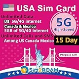 Carta SIM T-Mobile USA Canada Messico | Dati 5G/4G LTE illimitati negli Stati Uniti + 5 GB di dati 5G/4G in Canada e Messico | Chiamate e SMS illimitati (15 giorni) | Riempibile!