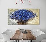 Orlco Art Pittura a olio su tela con petali di fiori di ciliegio e albero blu, dipinto a mano, arte astratta, decorazione murale, strutturato
