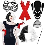 ENCOUN Parrucca Crudelia Demon, Set di Accessori Anni  20, Maschera di Pizzo e Guanti, Donna, per Halloween, Carnevale, Cosplay