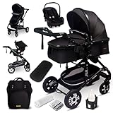 GaGaDumi Florida 3 in 1 Passeggino Trio, Carrozzina, Seggiolino Auto, e Passeggino Pieghevole, Navicella con Accessori Inclusi, 0-36 mesi, nero/nero