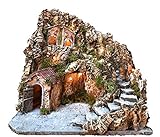 Presepe Completo illuminato natalizio con capanna e grotta per statuine artigianali, 38x38x38 cm