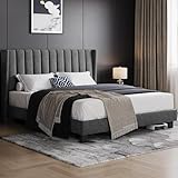 Yaheetech Letto Imbottito 160 x 200 cm Matrimoniale Testiera a Strisce con Rete a Doghe in Legno e Metallo Struttura Letto a Piattaforma Antirumore Montaggio Facile e Veloce Grigio Scuro