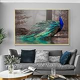 KDXAOBEI Elegante blu pavone foto moderna arte della parete stampa su tela poster natura animale immagine illusoria per la decorazione del soggiorno 80x120 cm (31x47 pollici) con cornice dorata