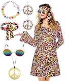 BIQIQI Costume da Hippie Anni 70s da Donna con Accessori, Abbigliamento da Disco, Vestito Hippie Donna Anni 70, Carnevale, Costume di Halloween (XL)