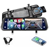 Podofo Dashcam a Specchio da 9,66" con Carplay Wireless, Android Auto con Telecamera Posteriore HD, Touchscreen IPS Doppio Specchietto Retrovisore Dash Cam per Auto, 2 Schermi Divisi, Bluetooth