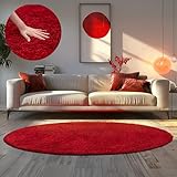 HomebyHome Shaggy Tappeto Salotto Moderno 160 cm Rotondo Rosso - Tappeto per scendiletto Camera da Letto, Soggiorno y Cucina - Tappeto Morbido y Fluffy, Monocromatico, facile manutenzione