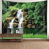 Lirzxin Arazzo Murale 260x240CM, Arazzi Moderni Paesaggio Cascata Foresta e Fiume Verde Marrone Tapestry Utilizzato in Camera da Letto, Soggiorno, Copriletto, Decorazione Murale