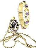 Faberge - Collana con uovo ametista imperiale da donna con ciondolo a forma di uovo russo Faberge e medaglione oro 24 k + GEM bracciale Designer Jewelry SET Fabergé Egg fatto mano regalo fidanzata