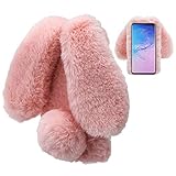 LCHDA Cover per Samsung Galaxy A15 5G,Carino Orecchie da Coniglio 3D Morbide Palle di Pelo Pelose Pelliccia Sintetica Peluche Soffice Flessibile TPU Paraurti Custodia Protettiva - Rosa