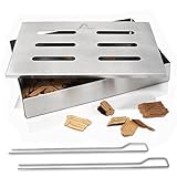 Amazy Affumicatore box in acciaio inox con 2 spiedini per grill e 2 tipi di chips diverse - Affumicatore barbecue offre al pesce o alla bistecca il tradizionale sapore del barbecue americano