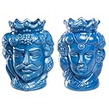 Morgan Coppia Teste di Moro Re e Regina Caltagirone, Stile Ceramiche Siciliane, Vaso in Ceramica Blu 12x18 cm