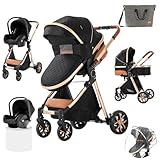 Prokoke Passeggino Trio, Trio Passeggino Neonati con Due Modi Reversibili per Spingere, Passeggino 3 in 1 con Una Lega di Alluminio a Cornice, Trio con Design Pieghevole in Un Clic (225 Black)