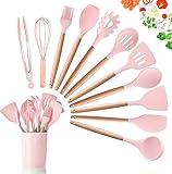 Dopgl Set di 11 utensili da cucina in silicone senza BPA e atossici, resistenti al calore, con manici in legno