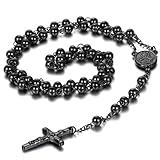 JewelryWe Gioielli Acciaio Inossidabile Collana Collegamento Perline Catena Catenina Nero Rosario Jesus Gesu Cristo Crocifisso Croce Retro Uomo