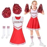 DTXYBC Cheerleader Costume Bambina, Costume da Cheerleader per Ragazze, Vestito Cheerleader Bambina, Bambini Cheerleading Outfit con Pompon e Calzini, Carnevale o Evento Sportivo Fancy Dress Up (130)